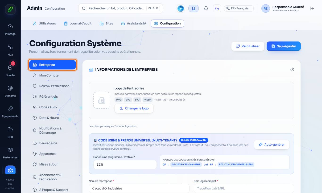 1 : les onglets de la configuration · 2 : enregistrer les changements.