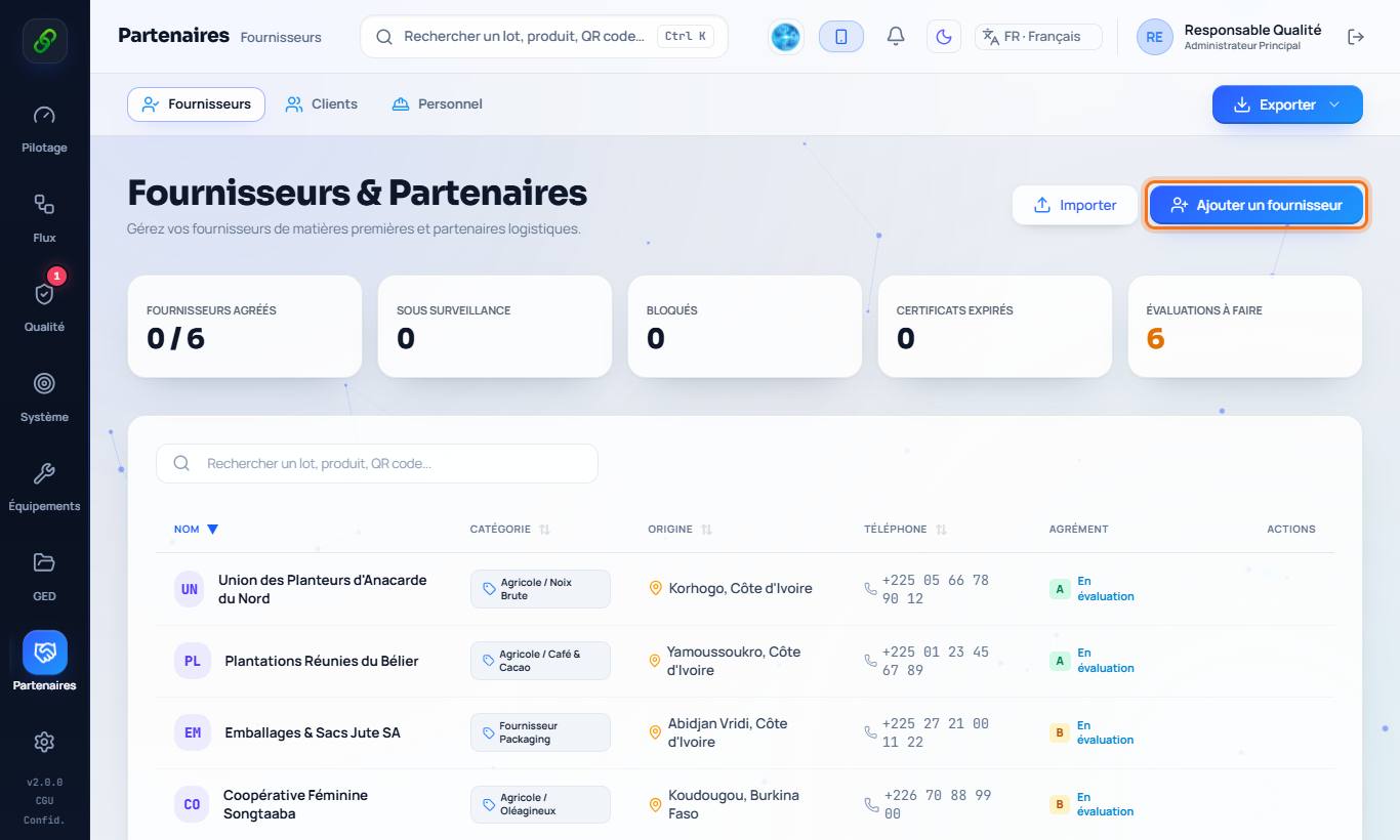 La liste des fournisseurs.