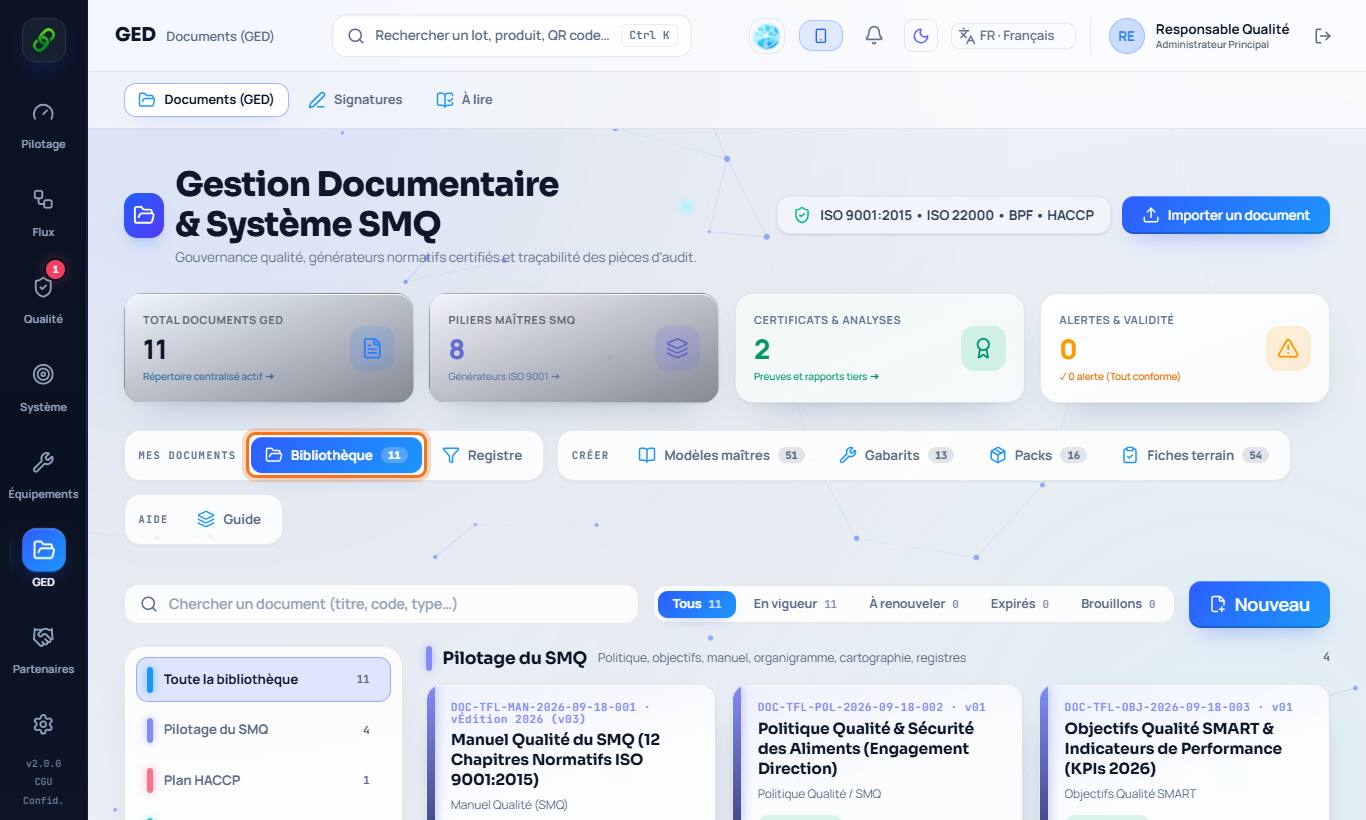 1 : les onglets de la GED · 2 : créer un document.