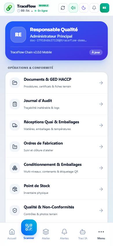 Le menu de l'application mobile.