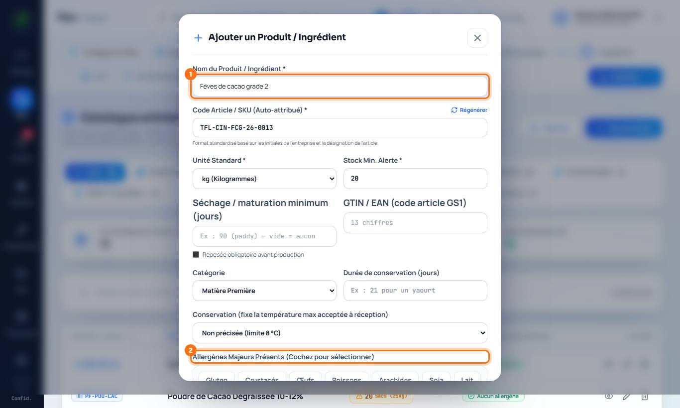 1 : le nom et le code · 2 : les allergènes présents.