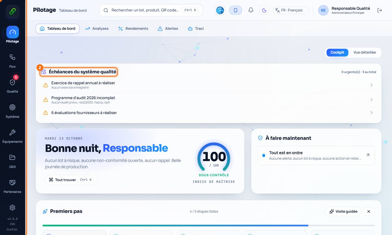 1 : les espaces de travail · 2 : les indicateurs du jour.